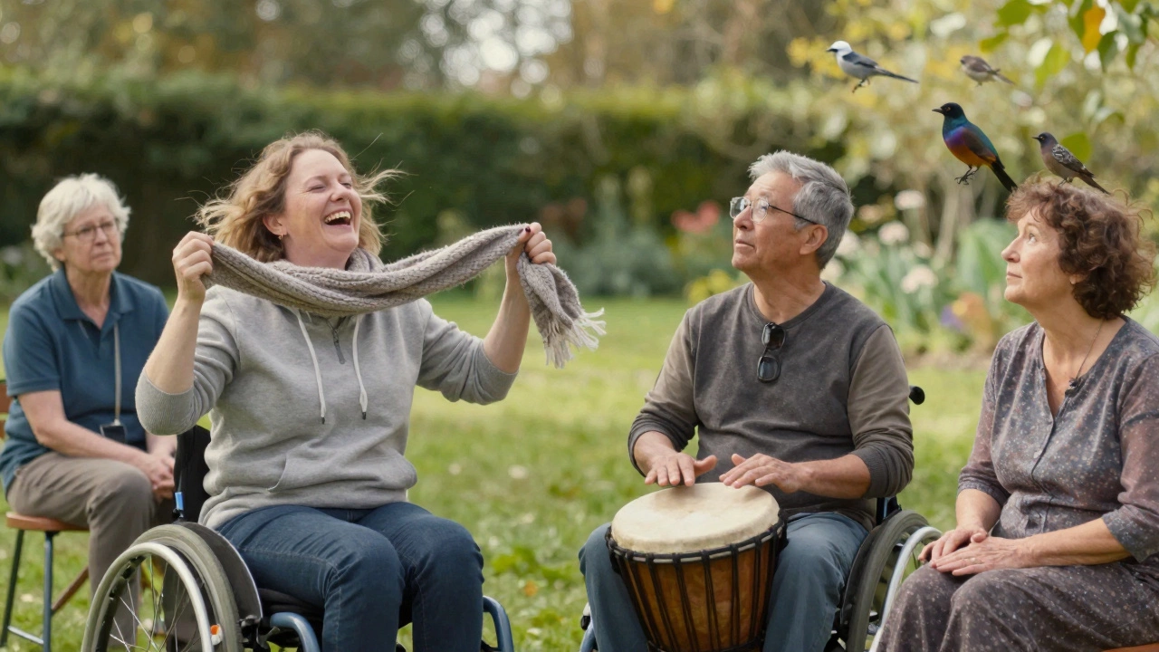 Adults with disabilities enjoy sensory outdoor activities in a peaceful garden setting.