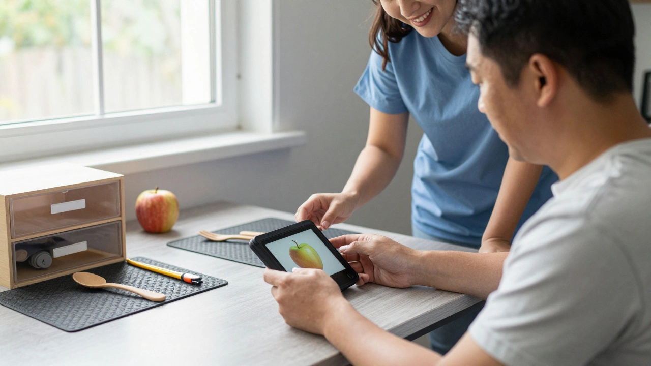 An adult uses a communication device to choose food at a kitchen table with caregiver nearby.