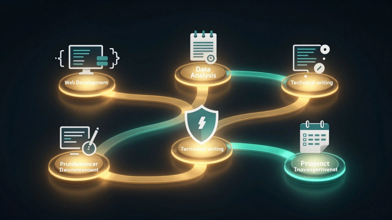 Five career paths glowing with icons representing tech roles on a dark background.