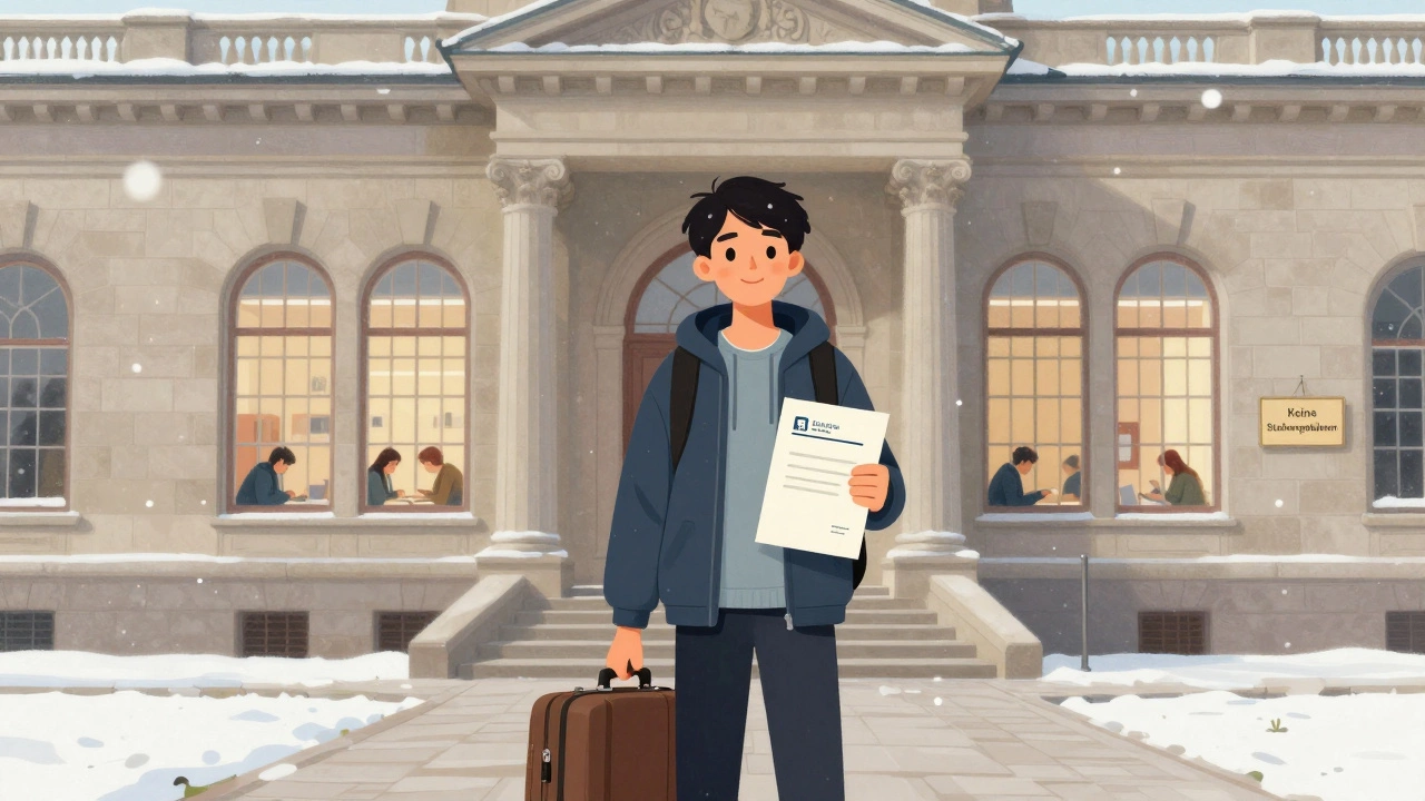 International student in front of a German university with snow falling, symbolizing tuition-free education.