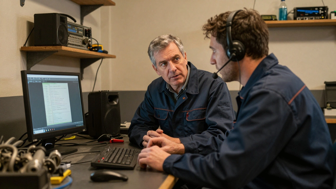 Mechanic listening to a technician explain engine diagnostics in a garage.