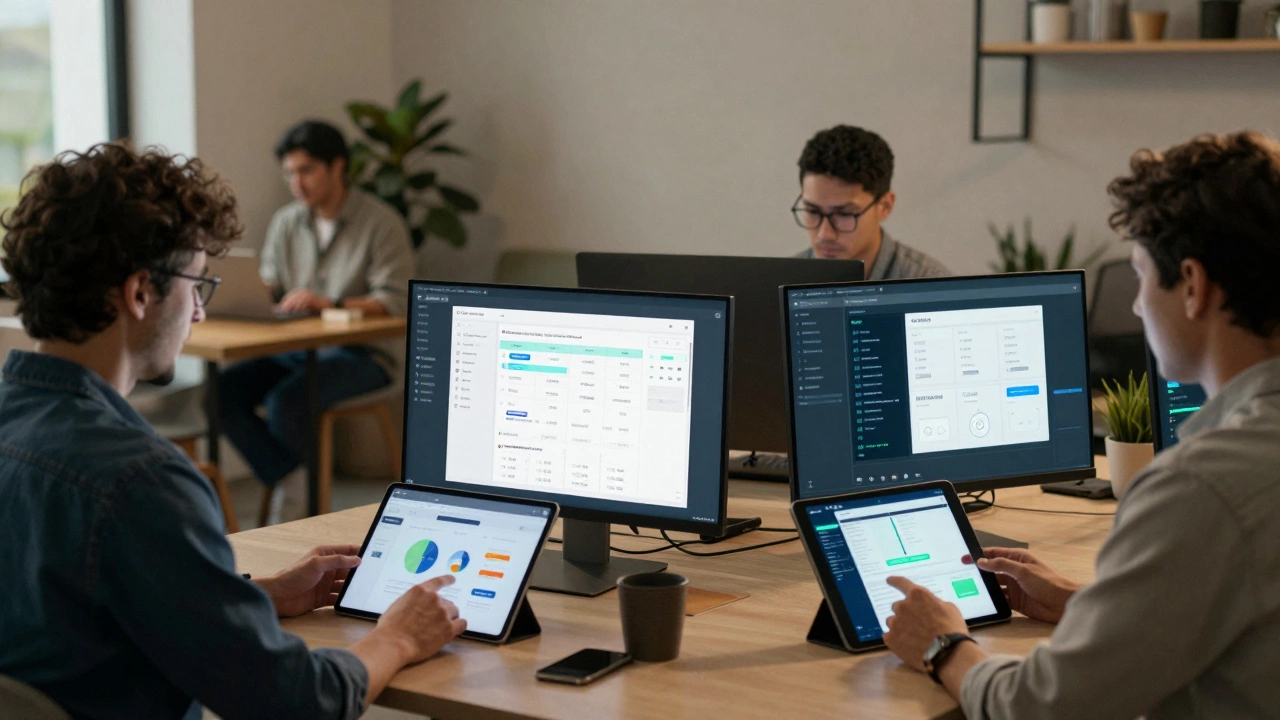 Remote professionals working from different locations with digital dashboards visible.