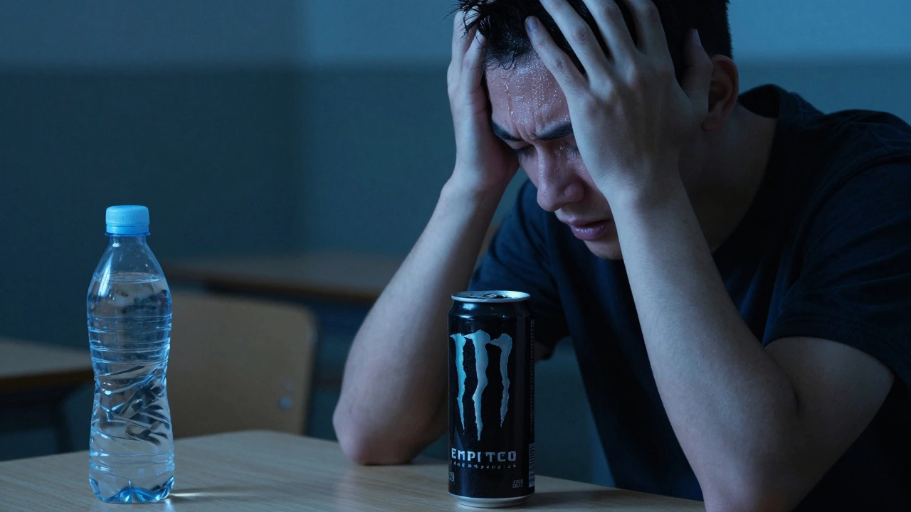 Student clutching energy drink, sweating, trembling hands, water bottle nearby