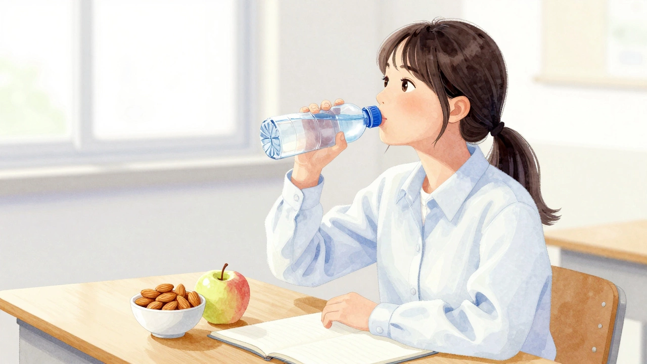 Student drinking water during exam with healthy snack, focused expression