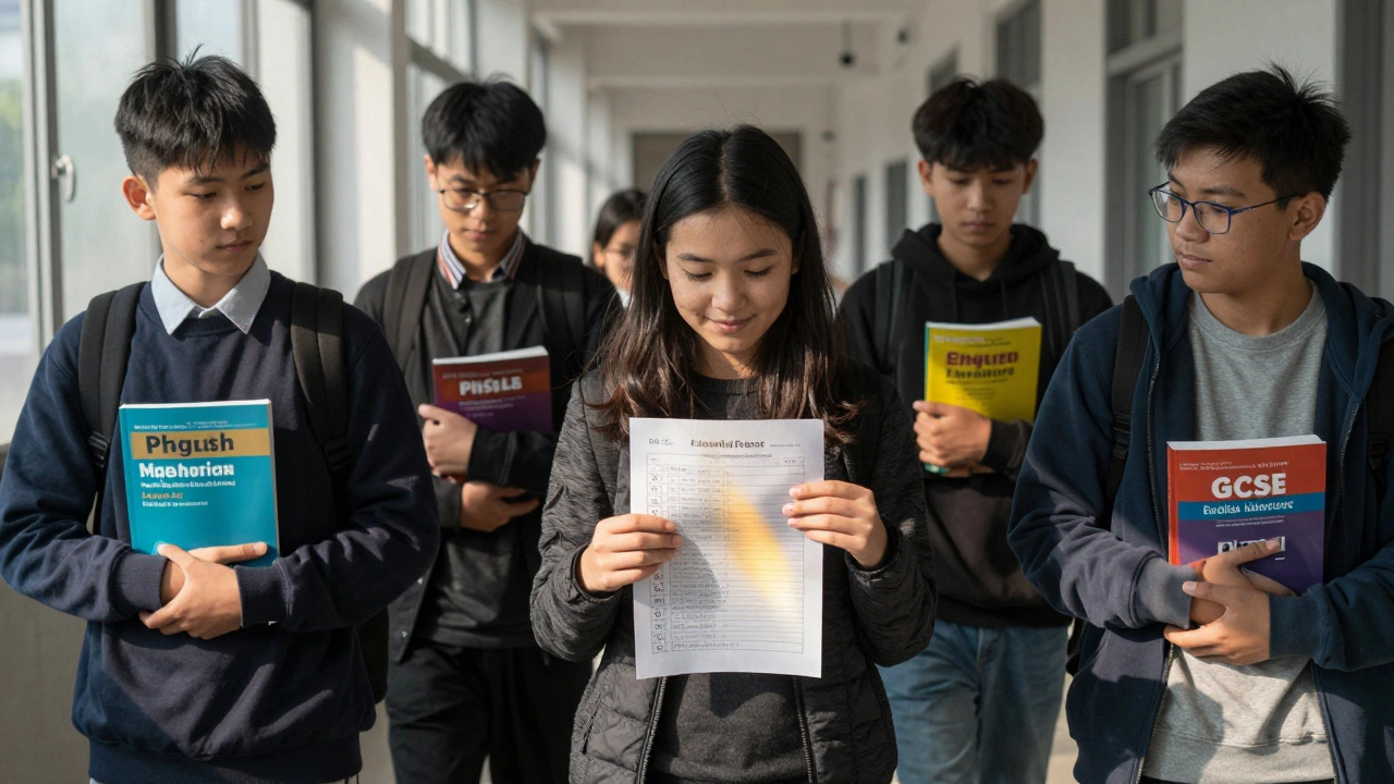 Students in a school hallway holding different GCSE textbooks, one holding a report card with all 9s.