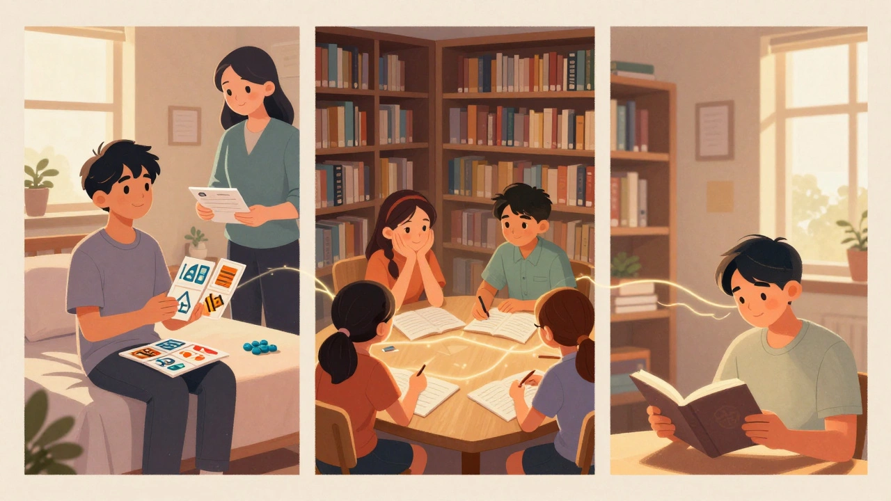 Three different learning settings showing personalized support through tutors, peers, and parents.