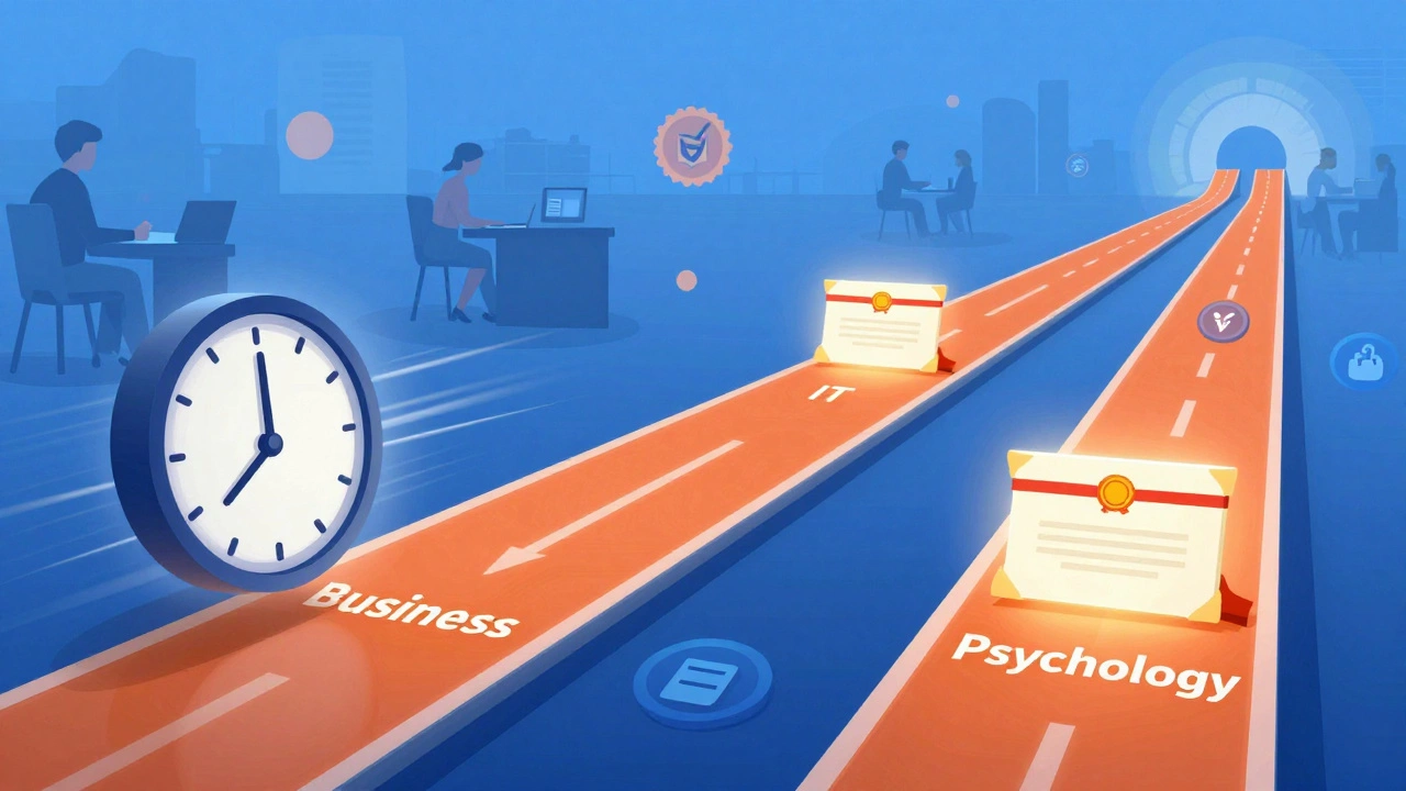 A digital roadmap with three degree lanes leading to a diploma, marked with exam and credit icons.