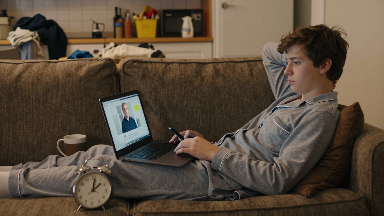 A person in pajamas distracted by their phone while trying to attend an online lecture on the couch.