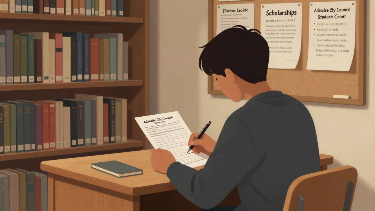 A student filling out a local scholarship form at a library desk with scholarship flyers on the wall behind.