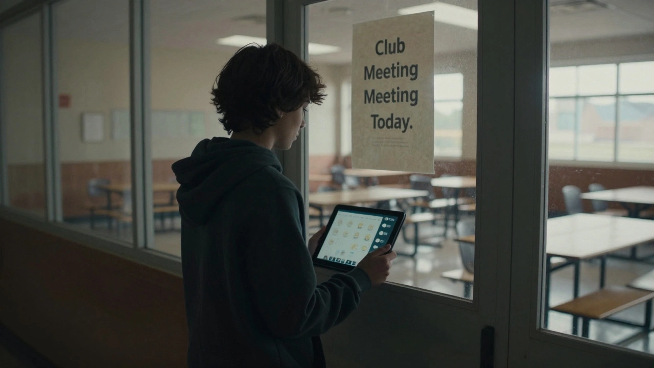 A student stares at an empty school hallway through a glass door, holding a tablet with a faded chat.