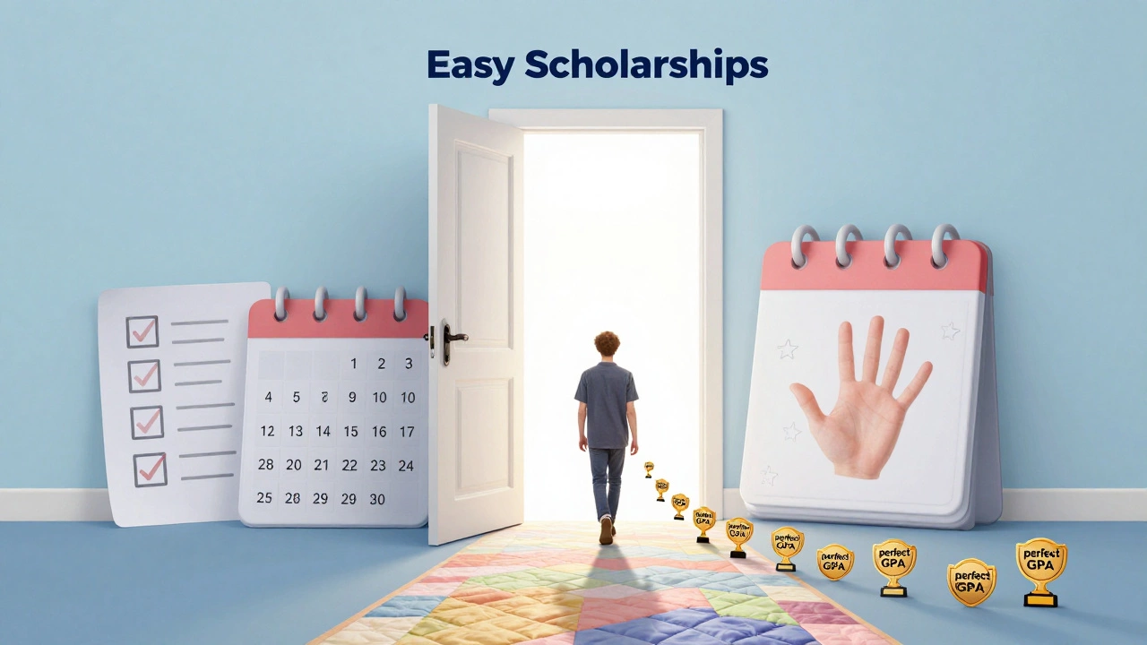 A student walking through a magical door labeled 'Easy Scholarships' past symbols like a quilt, left hand, and calendar.