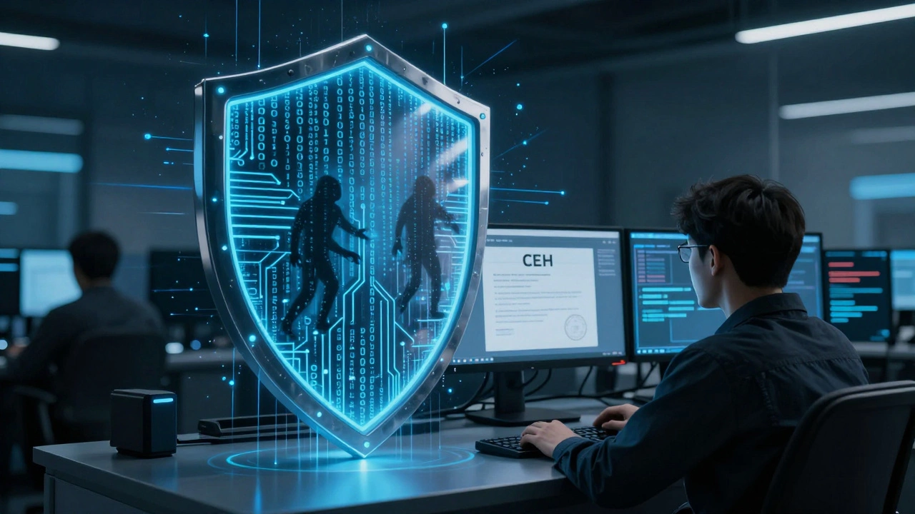 A technician defending a digital network from cyber threats using ethical hacking tools.