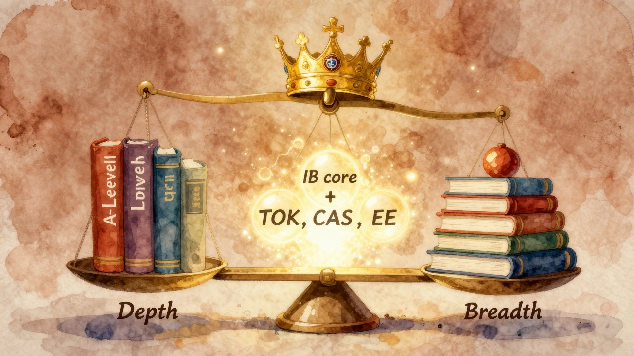 A watercolor balance scale comparing A-Level depth and IB breadth, with a university crest above.