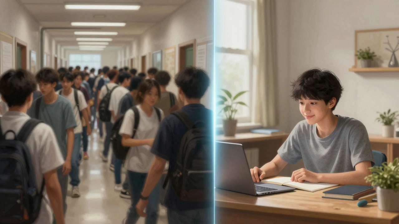 Contrast between a chaotic school hallway and a calm home learning space, symbolizing relief from anxiety.