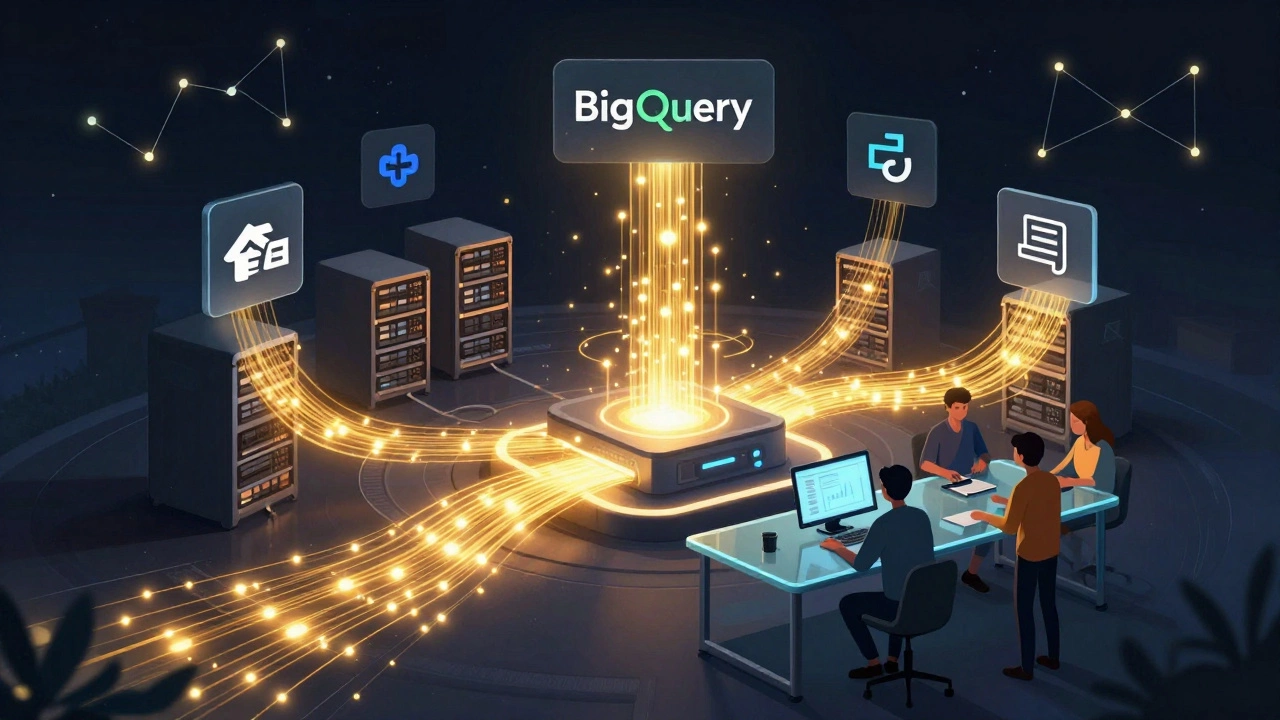 Engineers collaborating around a glowing data pipeline with digital analytics icons.