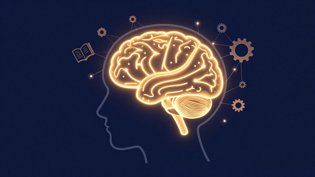 Glowing brain illustration with neural pathways lit up.