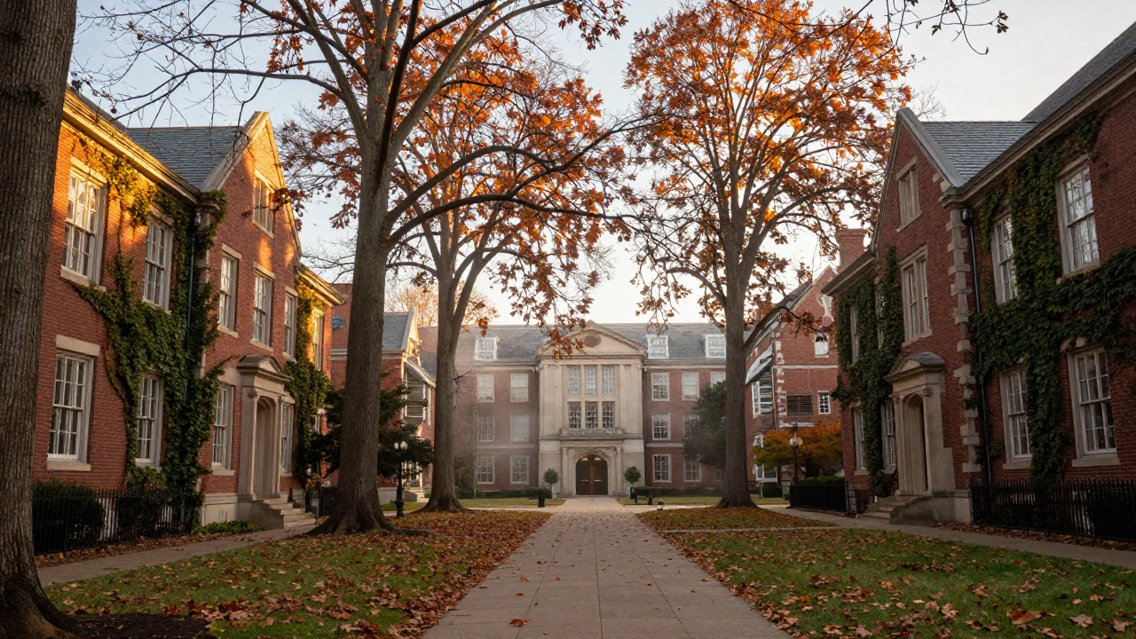 Historic university campus buildings in autumn sunlight.