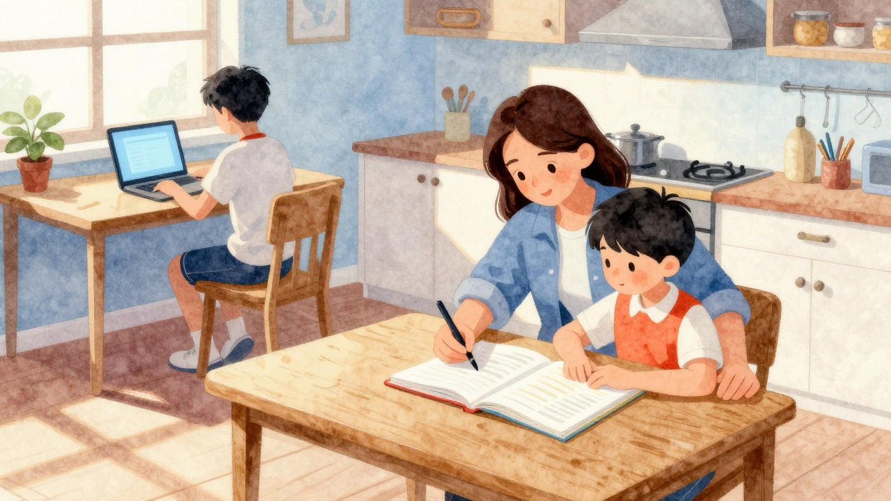 Parent assists young child while teen studies alone nearby.