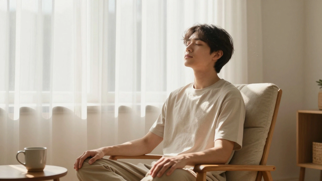 Relaxed student breathing deeply in warm sunlight.