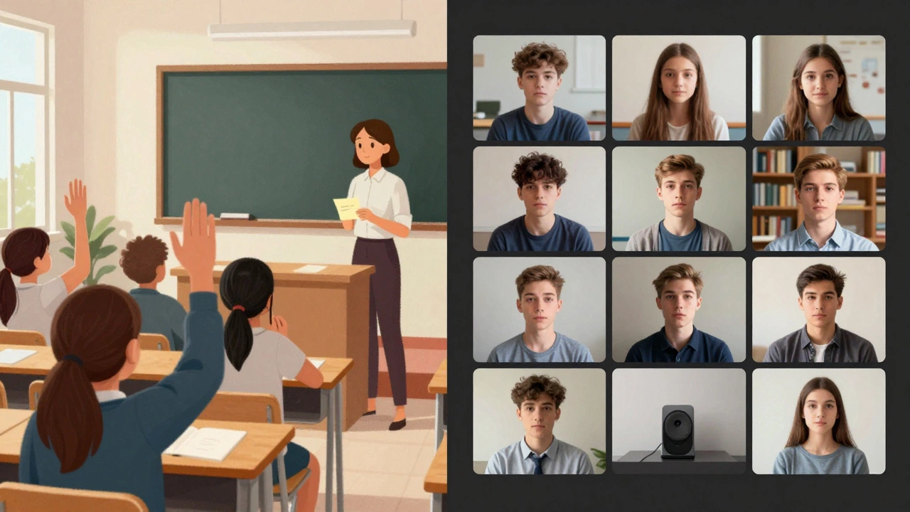 Split scene: vibrant classroom with teacher helping students vs. isolated teens on a video call.