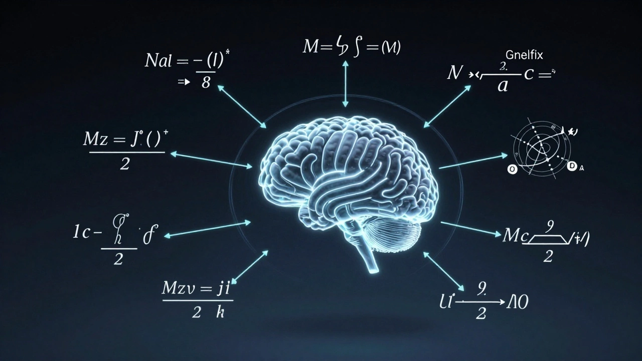 Surreal visualization of abstract mathematical concepts overlapping in a student's mind.
