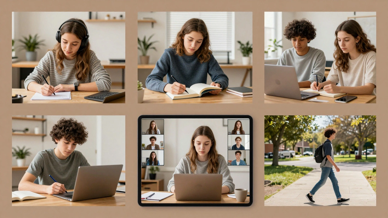 Teens in different homes engaged in online learning activities, showing quiet connection and community.