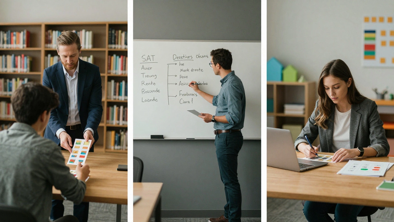 Three different educational professionals: a tutor, a coach, and a learning specialist, each in their distinct setting.