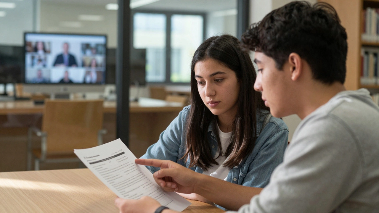 Two students studying together in a library, face-to-face, while a virtual class plays on a monitor behind them.