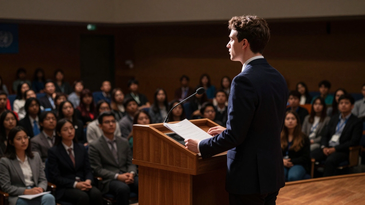 Young speaker at podium representing student leadership.