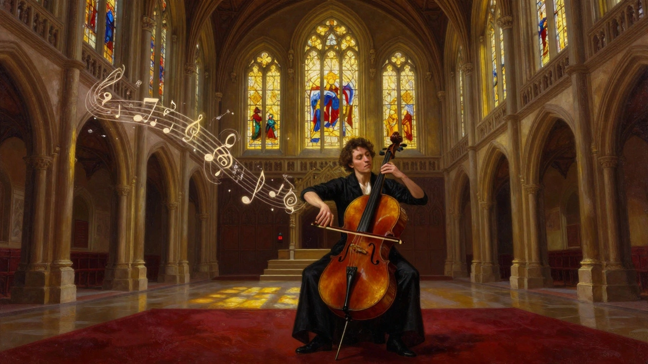A cellist performing in a grand gothic hall with ethereal light and rich colors