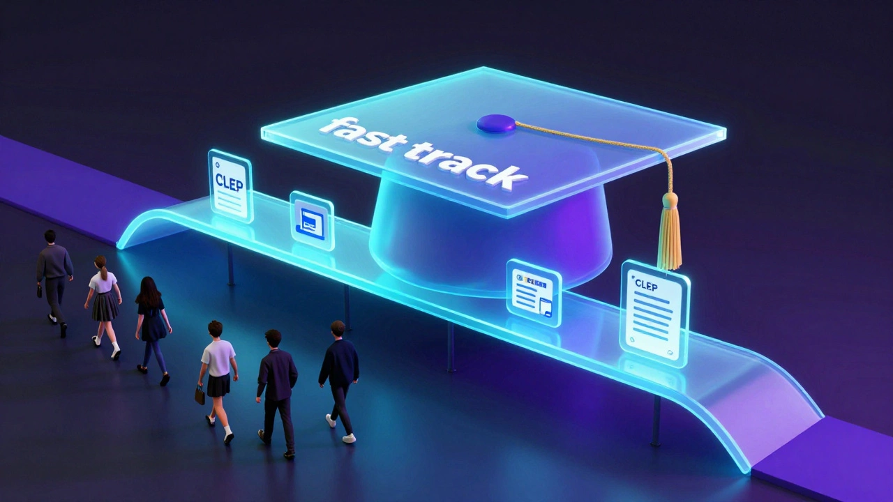 A glowing conceptual bridge bypassing a slow path toward a graduation cap.