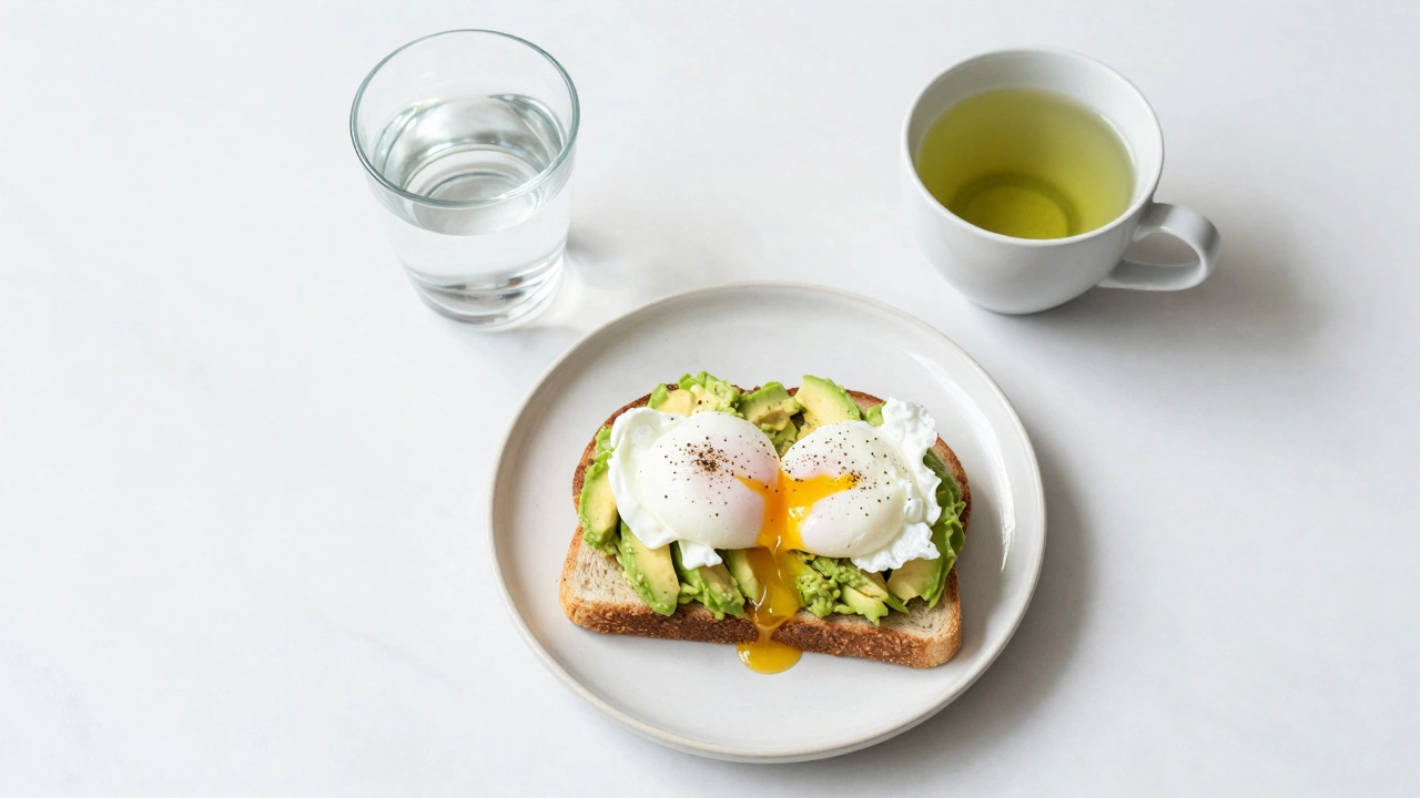 A healthy breakfast with green tea, water, and avocado toast on a white marble table