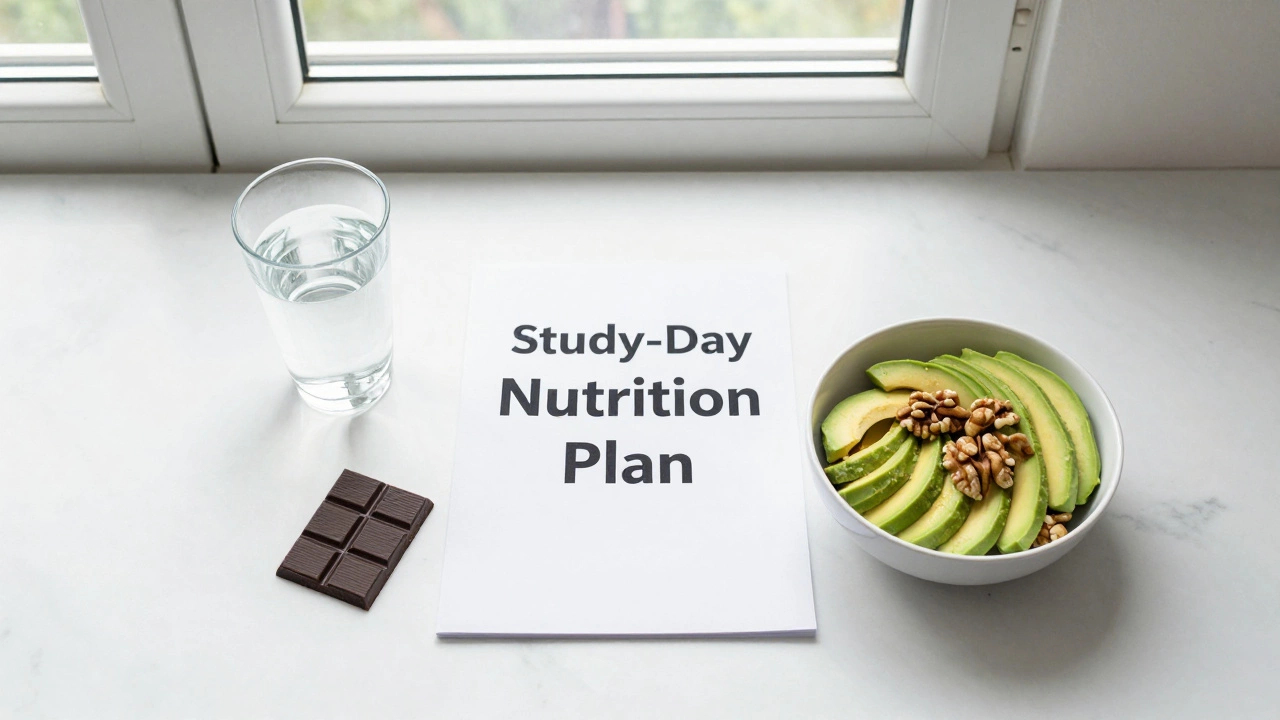 A healthy study meal with avocado, walnuts, and dark chocolate on a bright white table.