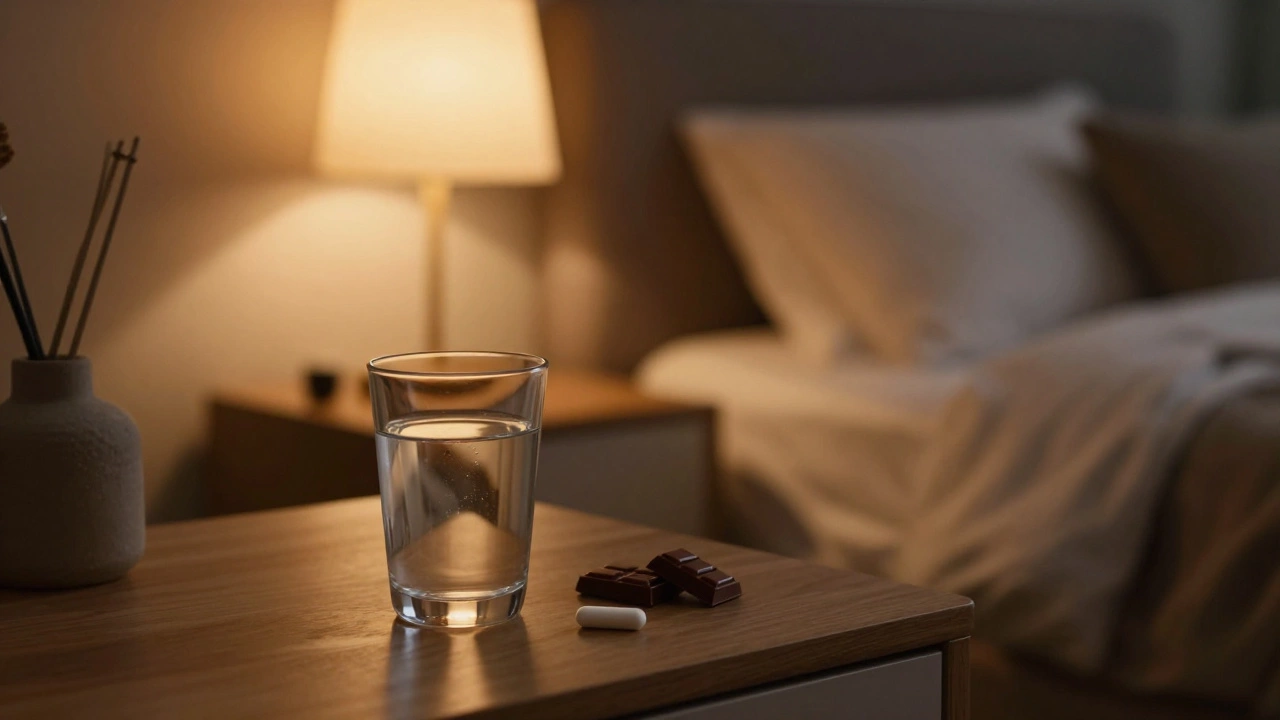 A nightstand with a glass of water, magnesium supplement, and dark chocolate in a cozy bedroom.