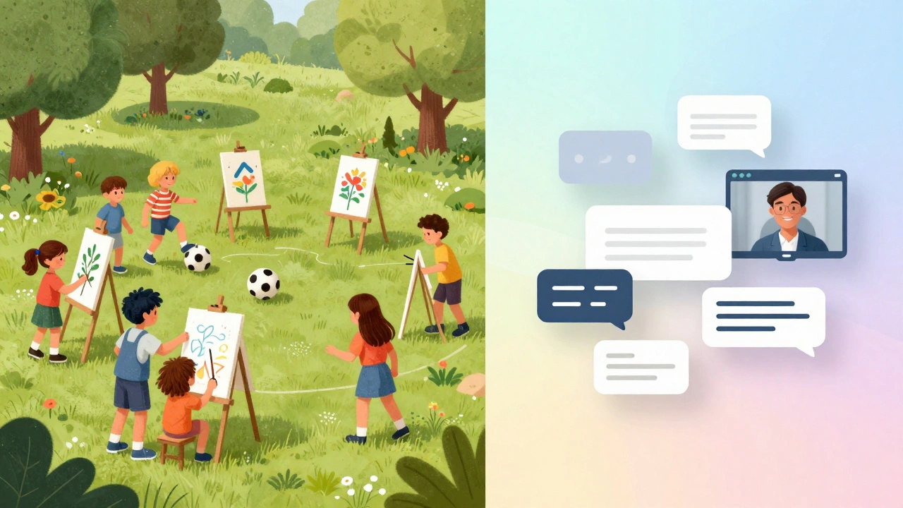 A split view of children playing in a park and digital chat bubbles for online social interaction.