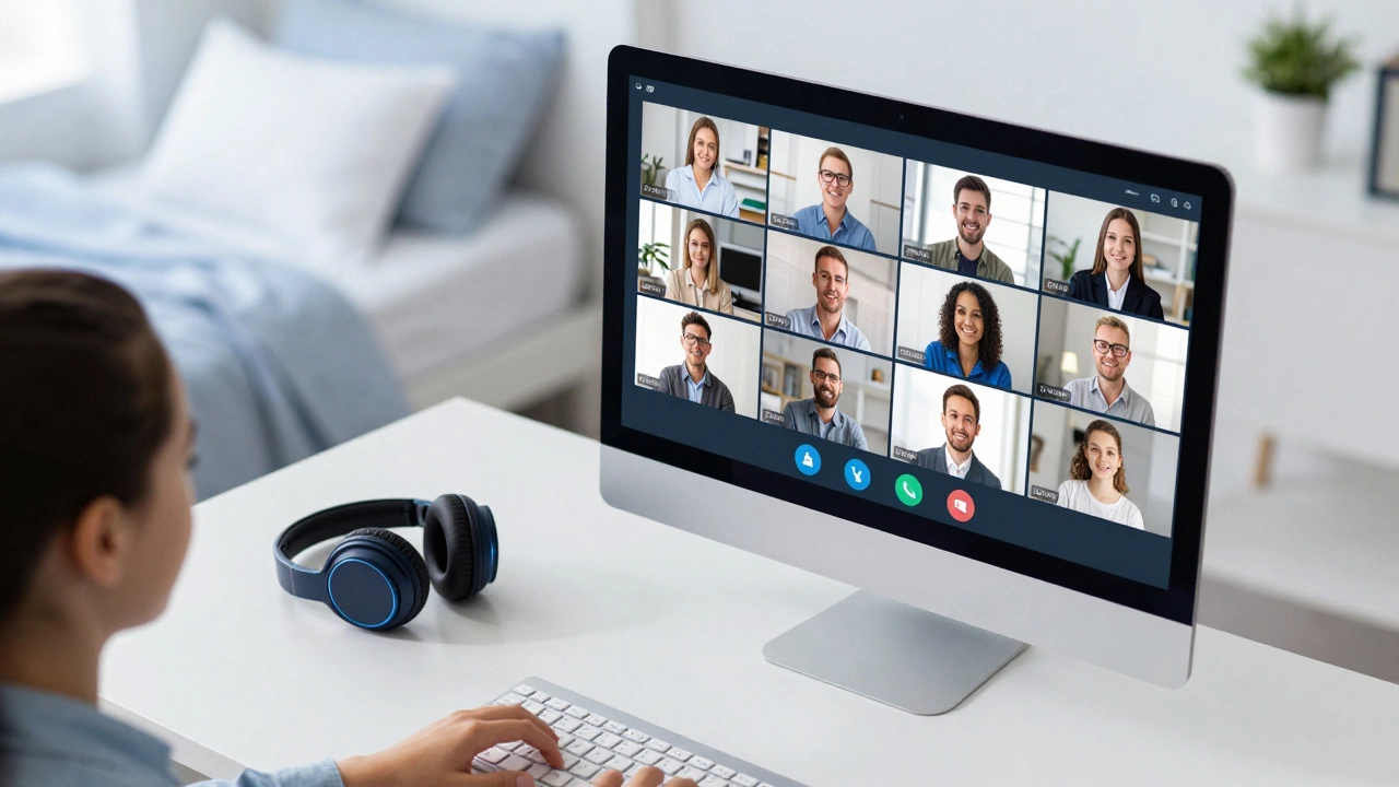 A student's desk with headphones and a monitor showing a virtual classroom session.