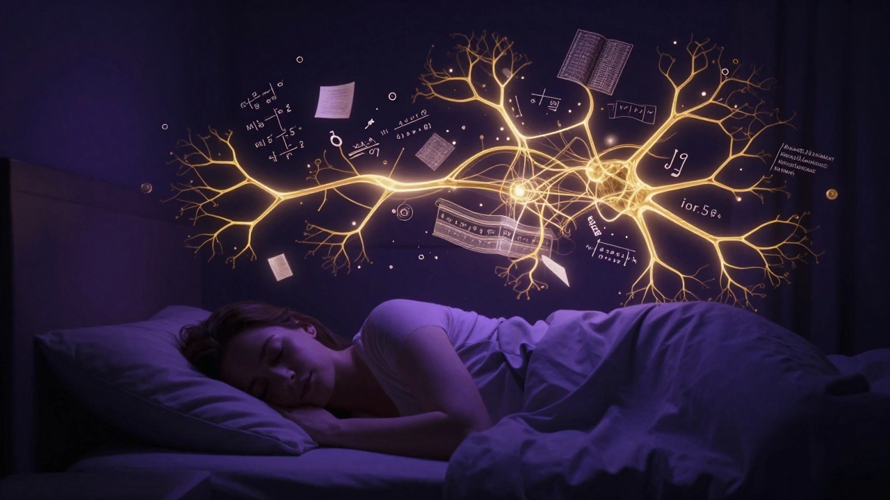 A surreal visualization of neural connections forming in a sleeping brain to consolidate memories