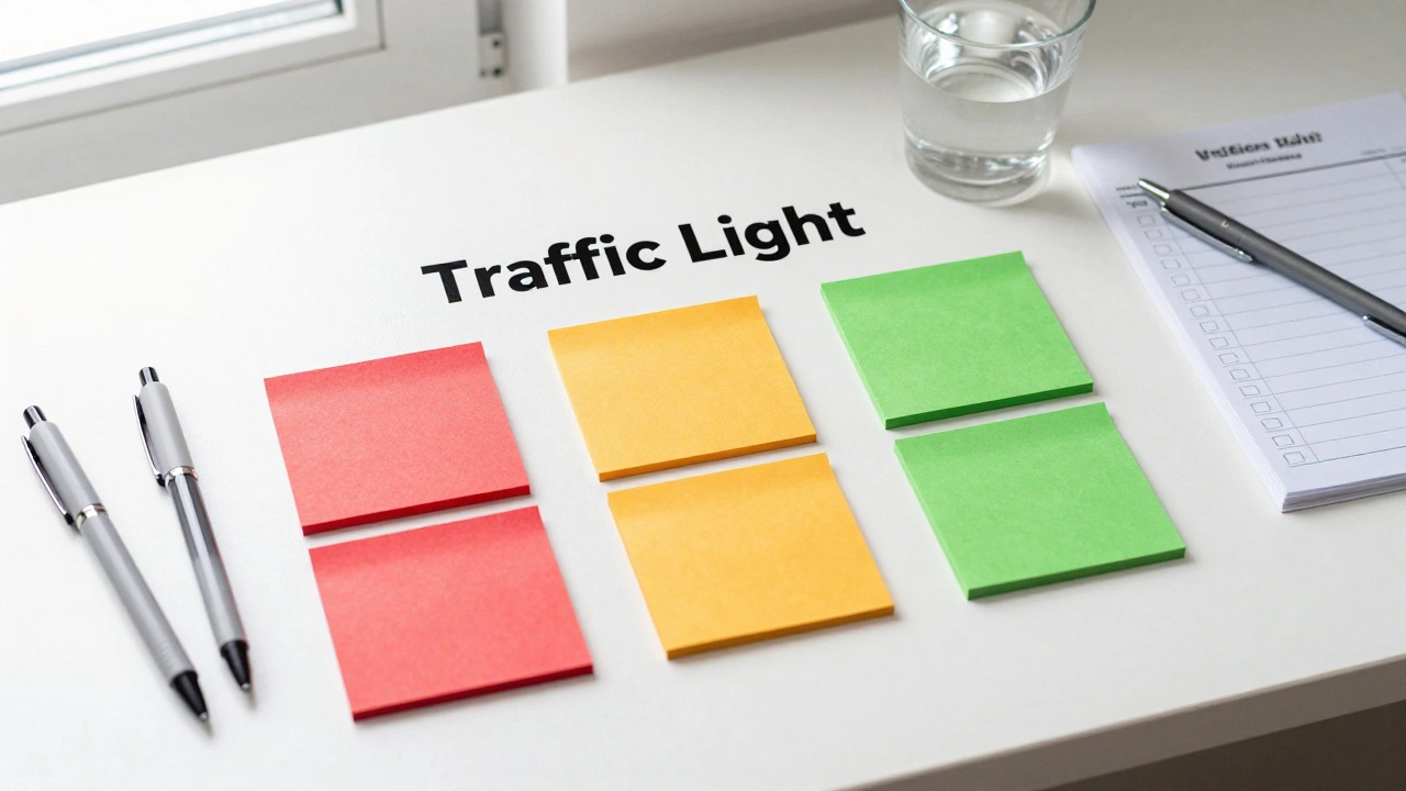 A top-down view of a white desk with red, amber, and green sticky notes used for subject auditing.