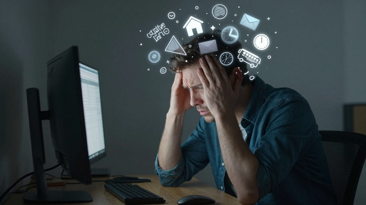 Adult at a desk surrounded by floating icons representing mental distractions.