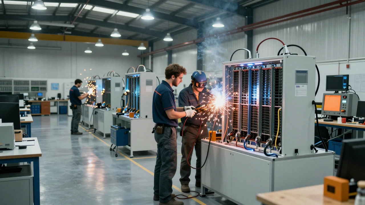 Apprentice electrician and welder working in a high-tech industrial vocational workshop