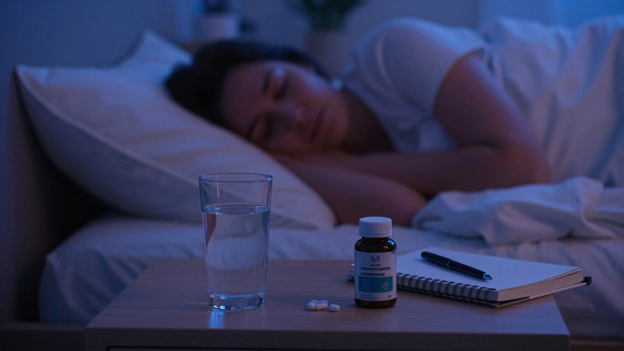 Bedside table with water and magnesium supplements next to a sleeping person