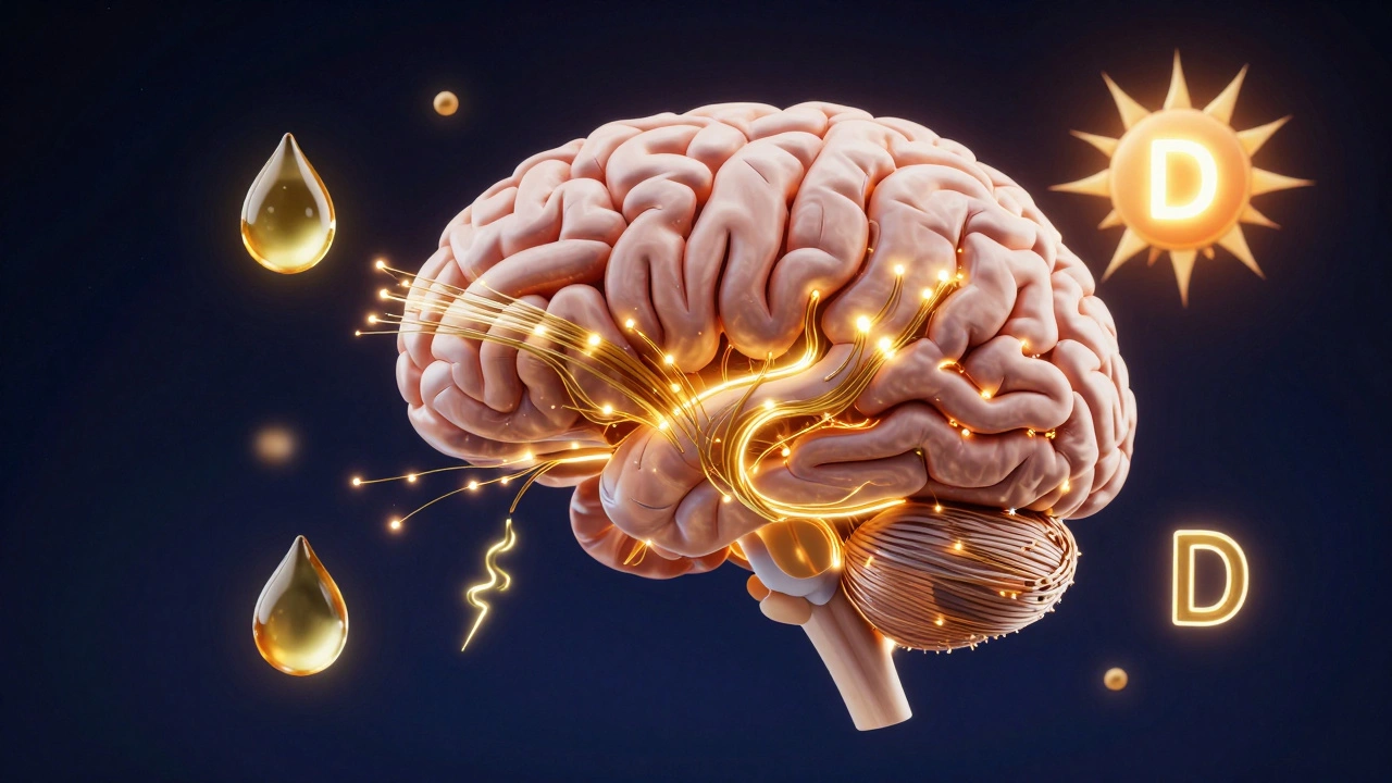 Conceptual 3D glowing brain with symbols for Omega-3, B-vitamins, and Vitamin D