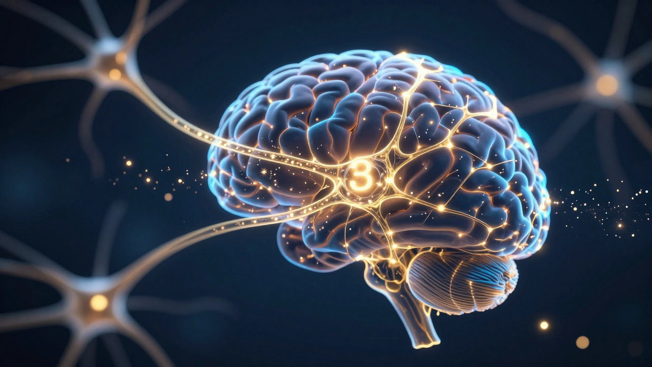 Conceptual 3D render of glowing blue and gold neural connections in a human brain.