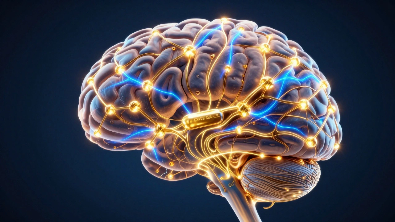 Conceptual 3D visualization of glowing neural networks and Omega-3 fatty acid connections in the brain.