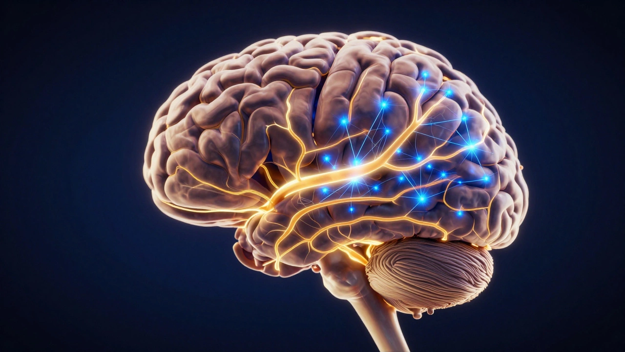 Glowing neural connections in a human brain symbolizing neuroplasticity