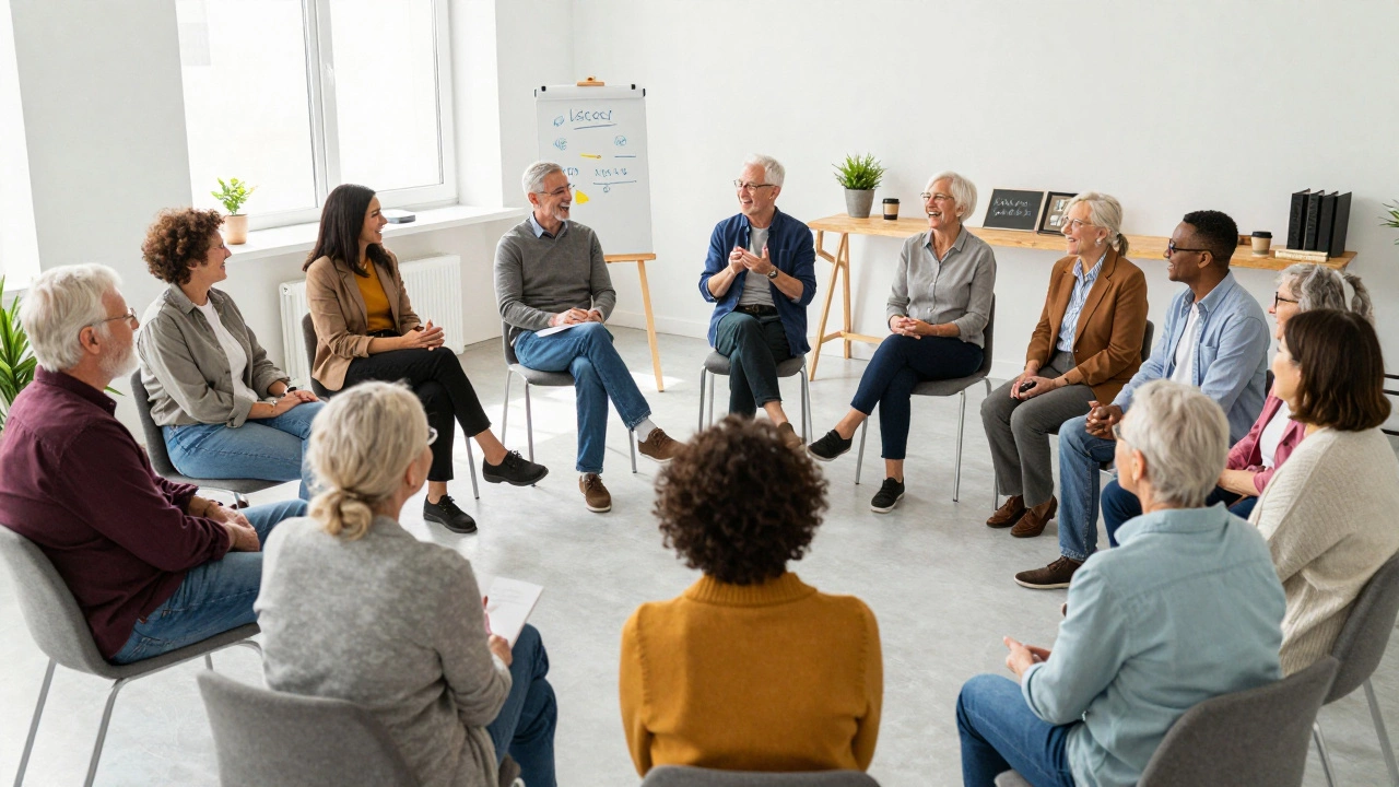 Group of older adults learning and laughing together in a community center
