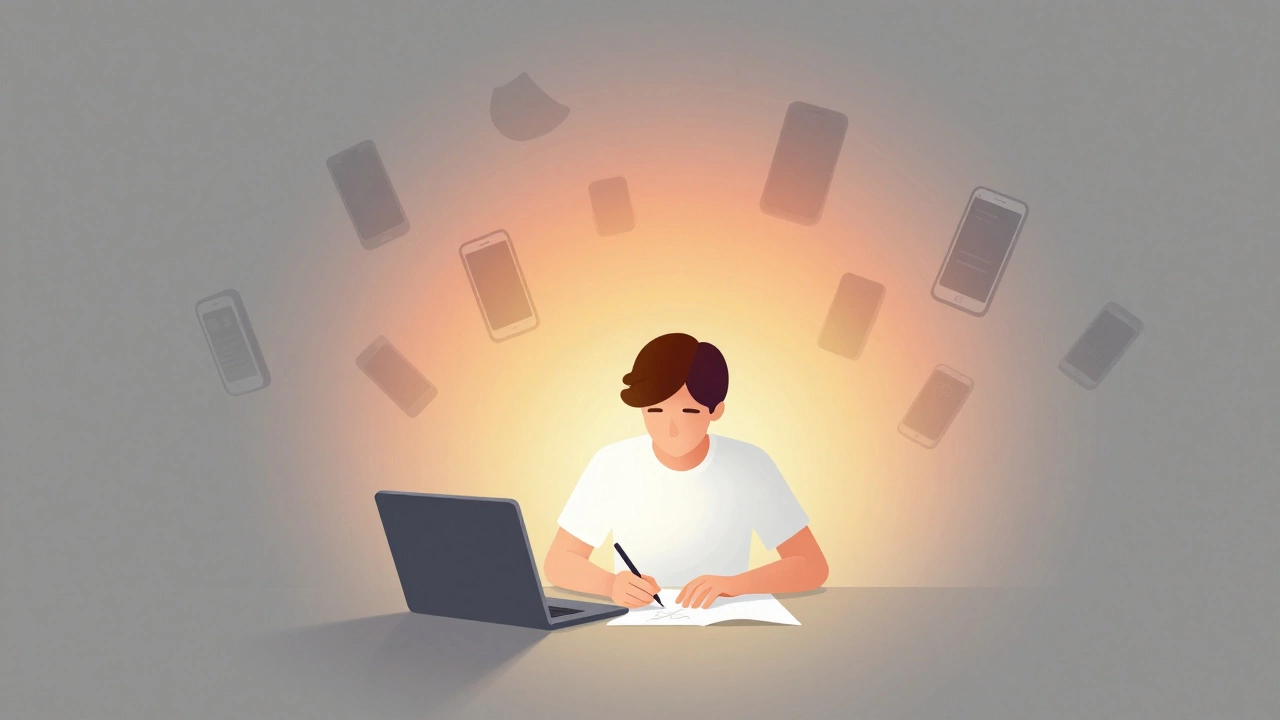 Person in a state of deep focus, with digital distractions fading away.