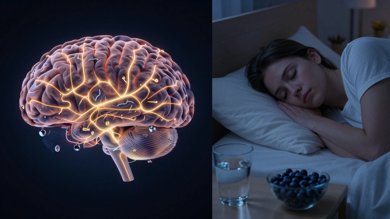 Split view of a glowing brain during sleep and a student resting with healthy snacks