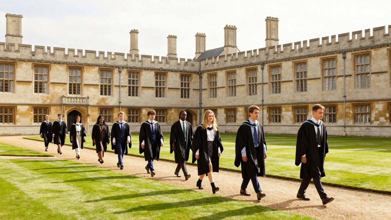 Students in academic gowns walking through a sunny, historic Oxford university courtyard