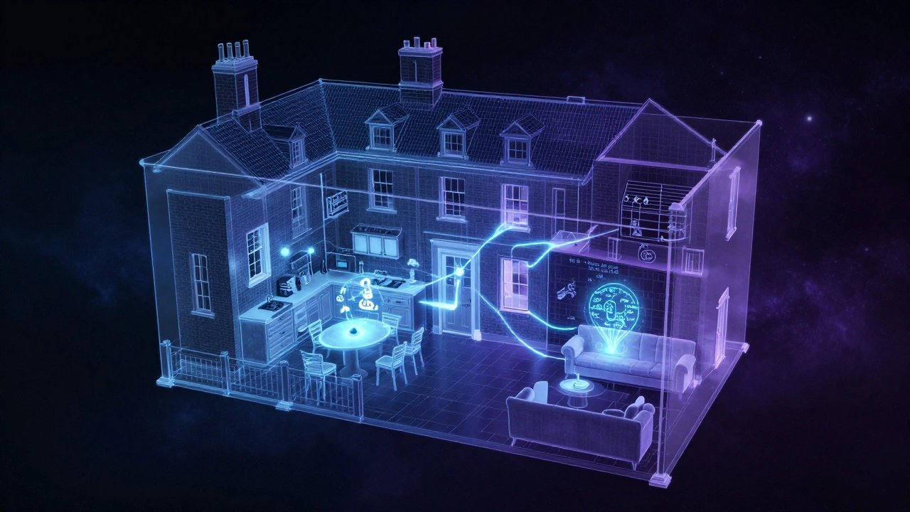 Surreal visualization of a memory palace with glowing information icons in a house